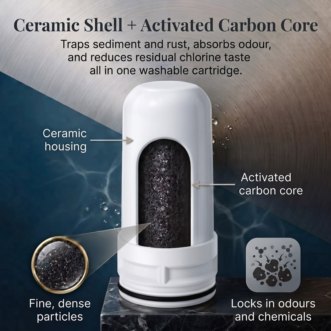 Cutaway of the ceramic filter cartridge showing the activated carbon core