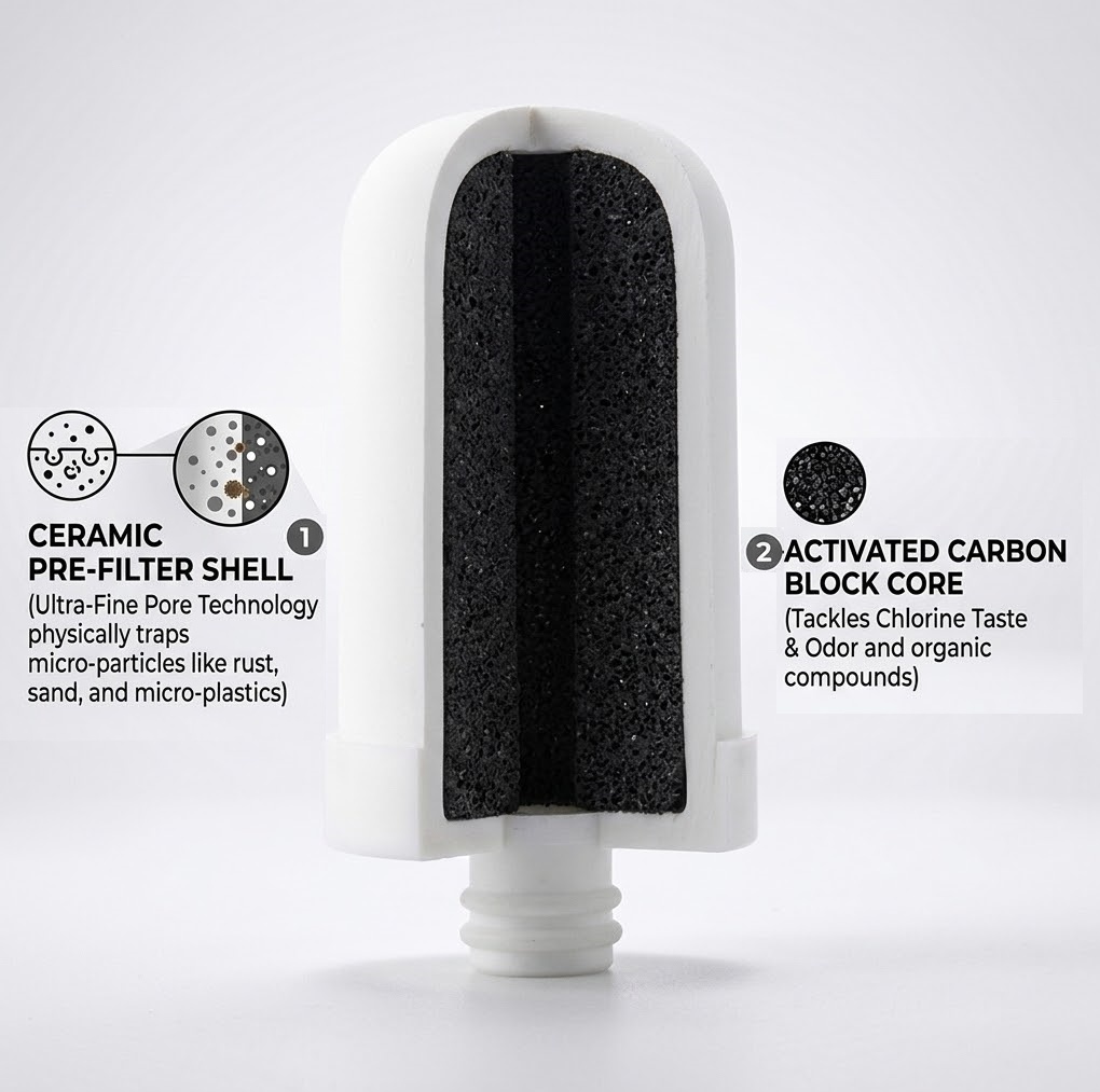 Cutaway of the ClearDrop cartridge: a ceramic pre-filter shell surrounding an activated carbon block core