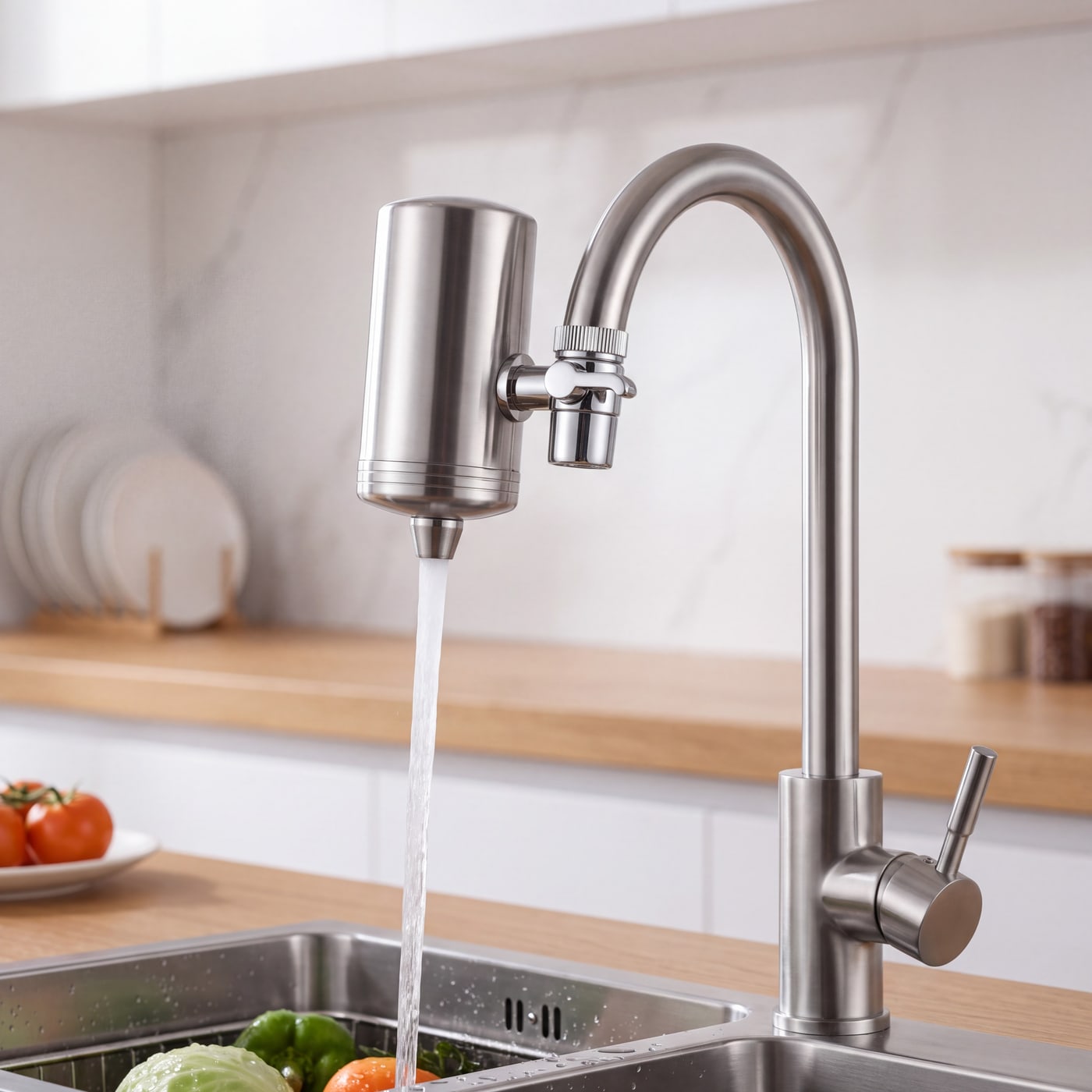 Fitted to a kitchen tap in use