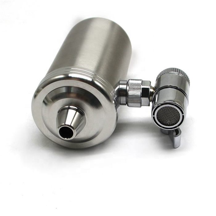 Angled view of stainless filter unit and diverter valve